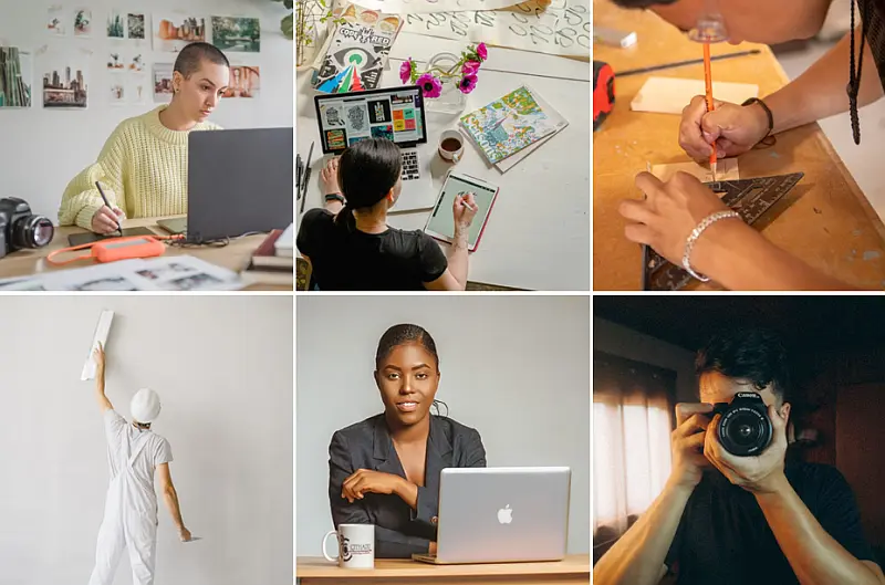 Collage van startende zzp'ers in verschillende beroepen